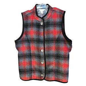 Christopher & Banks Womens XL Red Grey Plaid Wool Blend Button Mock Front Vest